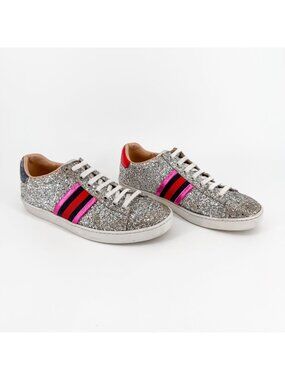 Gucci Ace Chunky Silver Glitter Low Top Sneakers Web Stripe Size 37 US 7 Women's